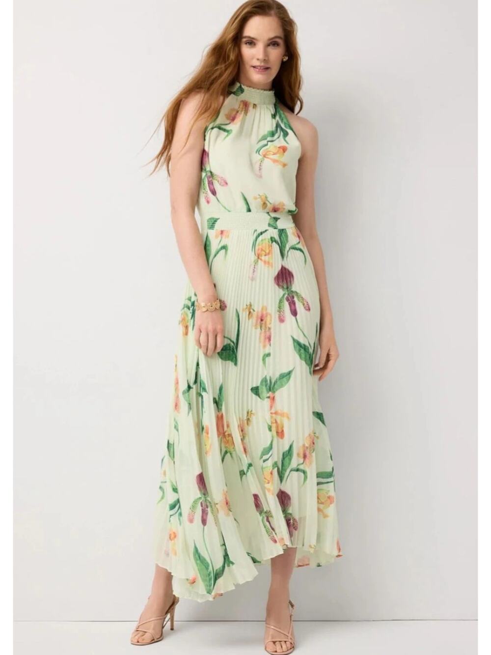 WHBM Sleeveless Pleated Halter Midi Dress, Green, Floral, Size 8